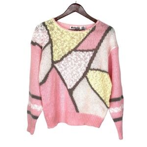 Vintage Grandma Sweater Popcorn Fuzzy Abstract Yellow White Grannycore Size M